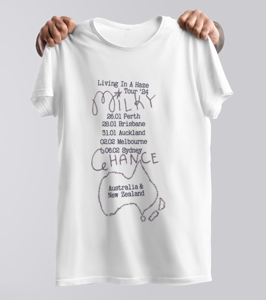 Milky Chance Living In A Haze Tour 2024 Australia New Zealand 26 Jan Perth 28 Brisbane 31 Auckland 02 Feb Melbourne 04 Sydney T-Shirt
