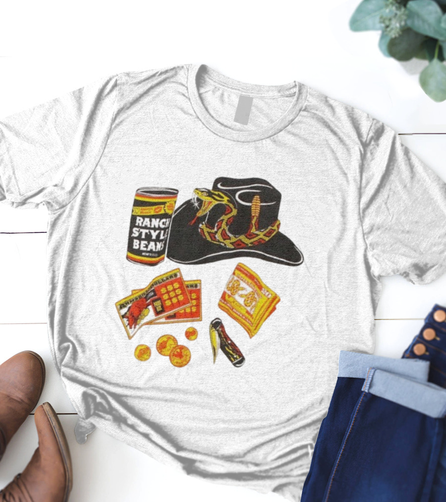 Ranch Style Beans Can Rattlesnake Cowboy Hat Texas Symbols Imagery T-Shirt