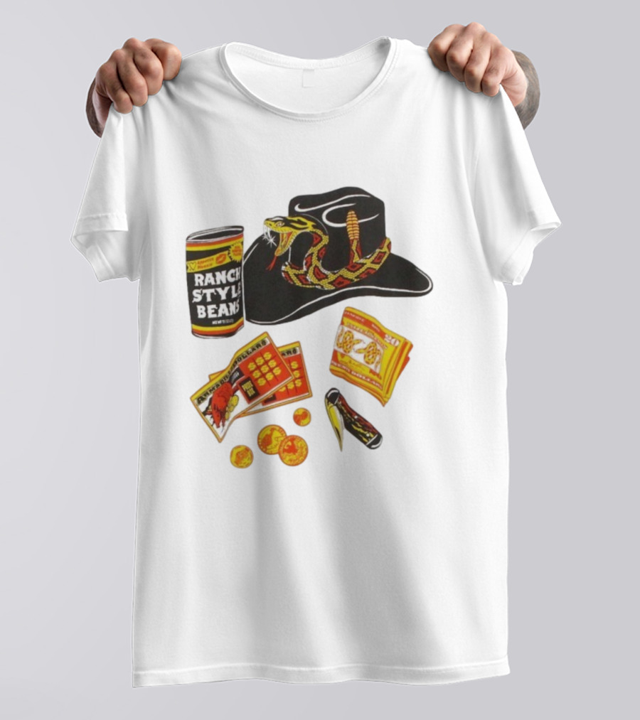 Ranch Style Beans Can Rattlesnake Cowboy Hat Texas Symbols Imagery T-Shirt