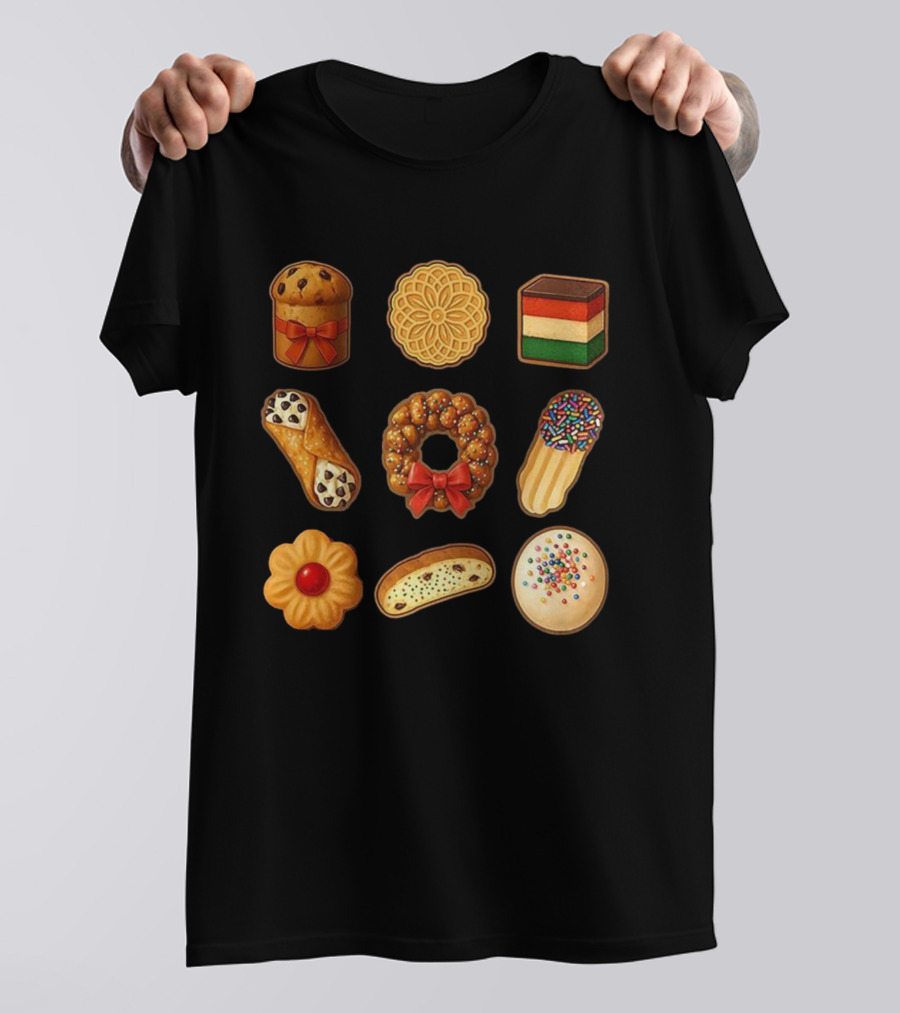 Festive Italian Cookie Variety Featuring Pandoro Biscotti Cannoli Bow Sprinkles T-Shirt
