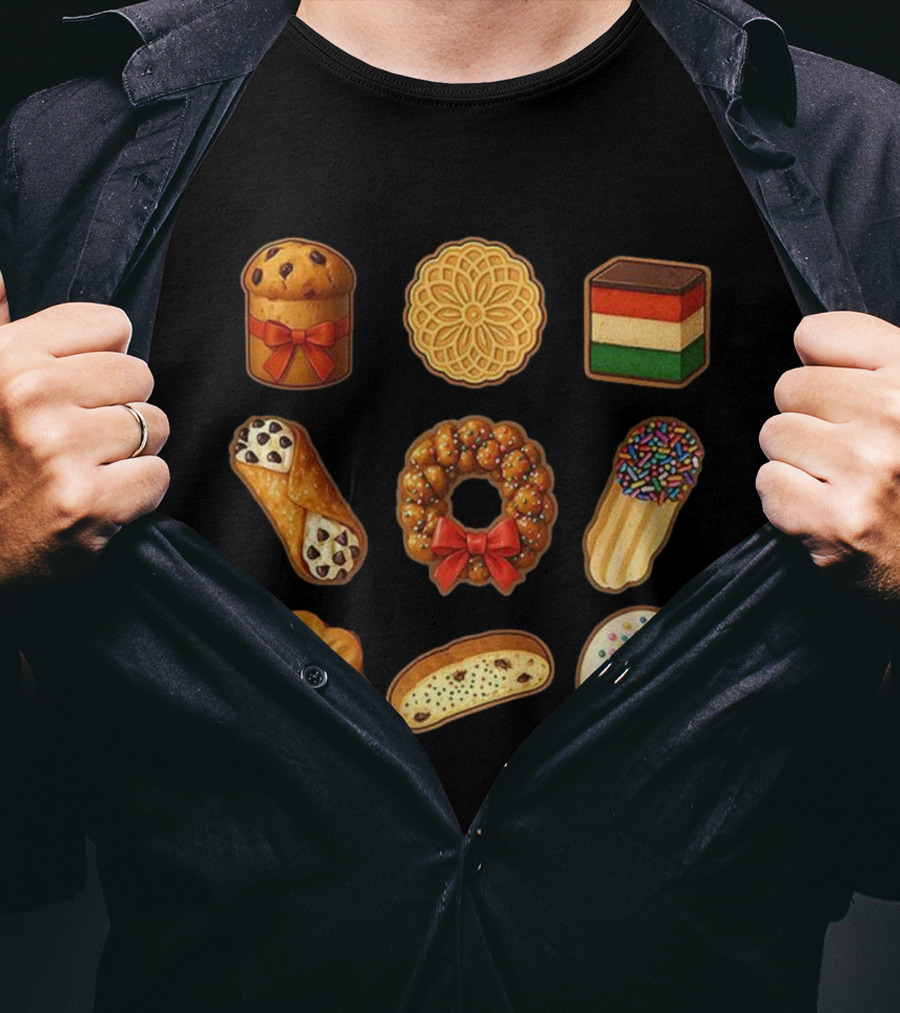 Festive Italian Cookie Variety Featuring Pandoro Biscotti Cannoli Bow Sprinkles T-Shirt
