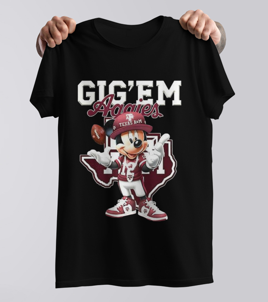 Gig’em Aggies Texas A&M Mickey Mouse Football Map T-Shirt
