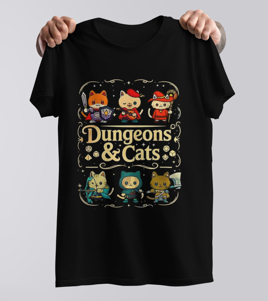 Dungeons & Cats Fantasy Feline Warriors Adventure T-Shirt