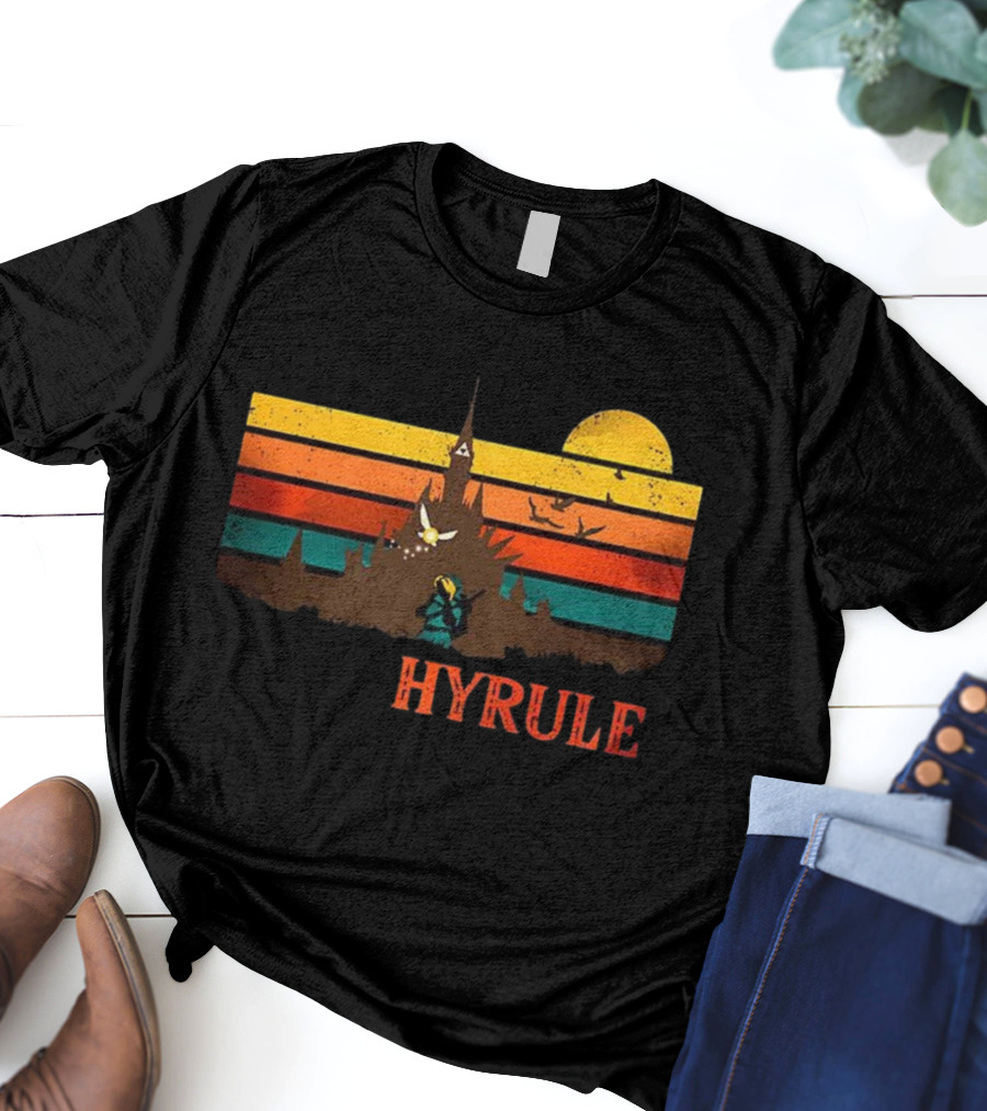 Hyrule Land Of The Gods Vintage Retro Sunset Castle And Hero Silhouette T-Shirt