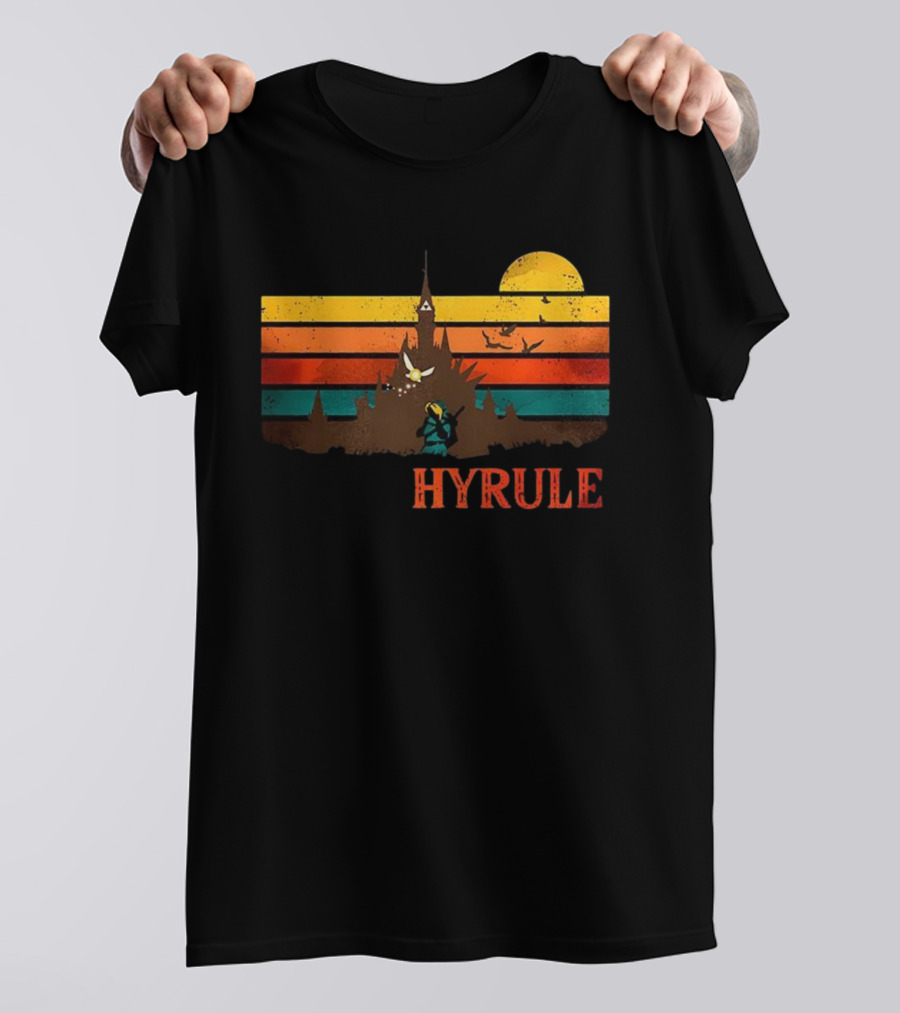 Hyrule Land Of The Gods Vintage Retro Sunset Castle And Hero Silhouette T-Shirt