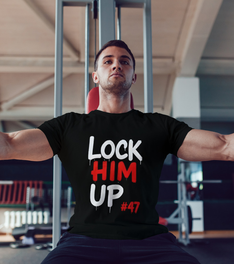 LOCK HIM UP #47 Bold White Red Drip Text T-Shirt