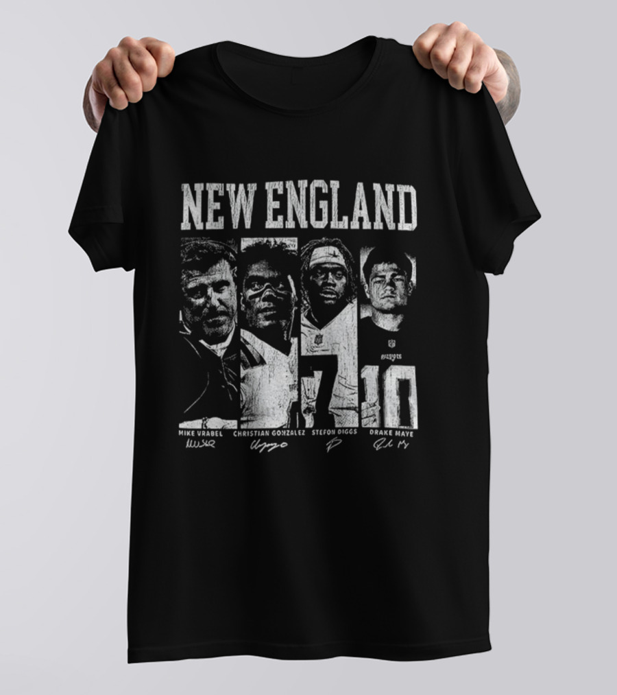 New England Mike Vrabel Christian Gonzalez Stefon Diggs Drake Maye NFL Football Signatures T-Shirt