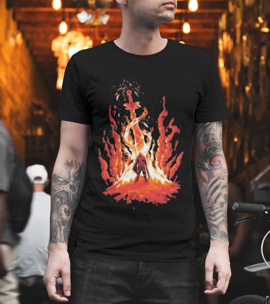 Dark Souls Trial By Fire Warrior Surrounded By Flames Iconic Gaming Imagery T-Shirt