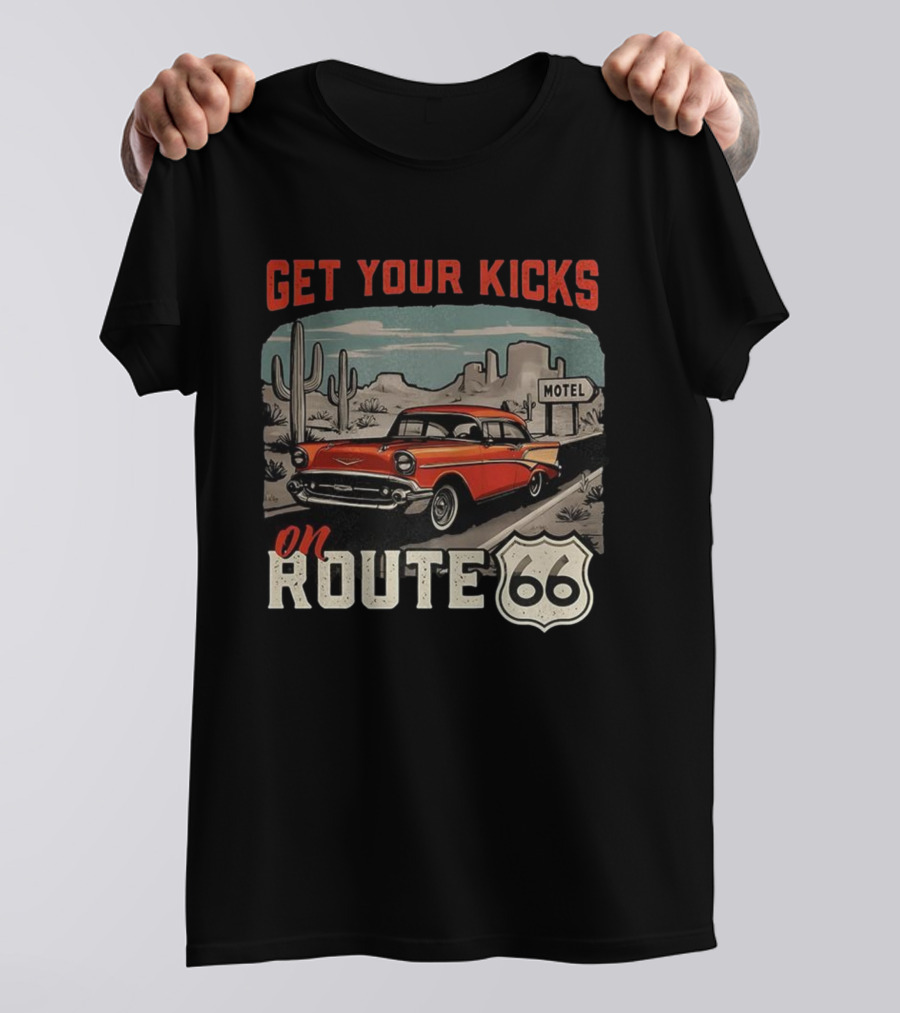 Get Your Kicks On Route 66 Retro Car Motel Desert Billboard T-Shirt