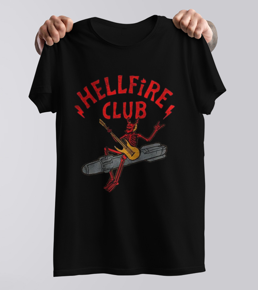 Hellfire Club Devil Riding Missile Playing Guitar T-Shirt