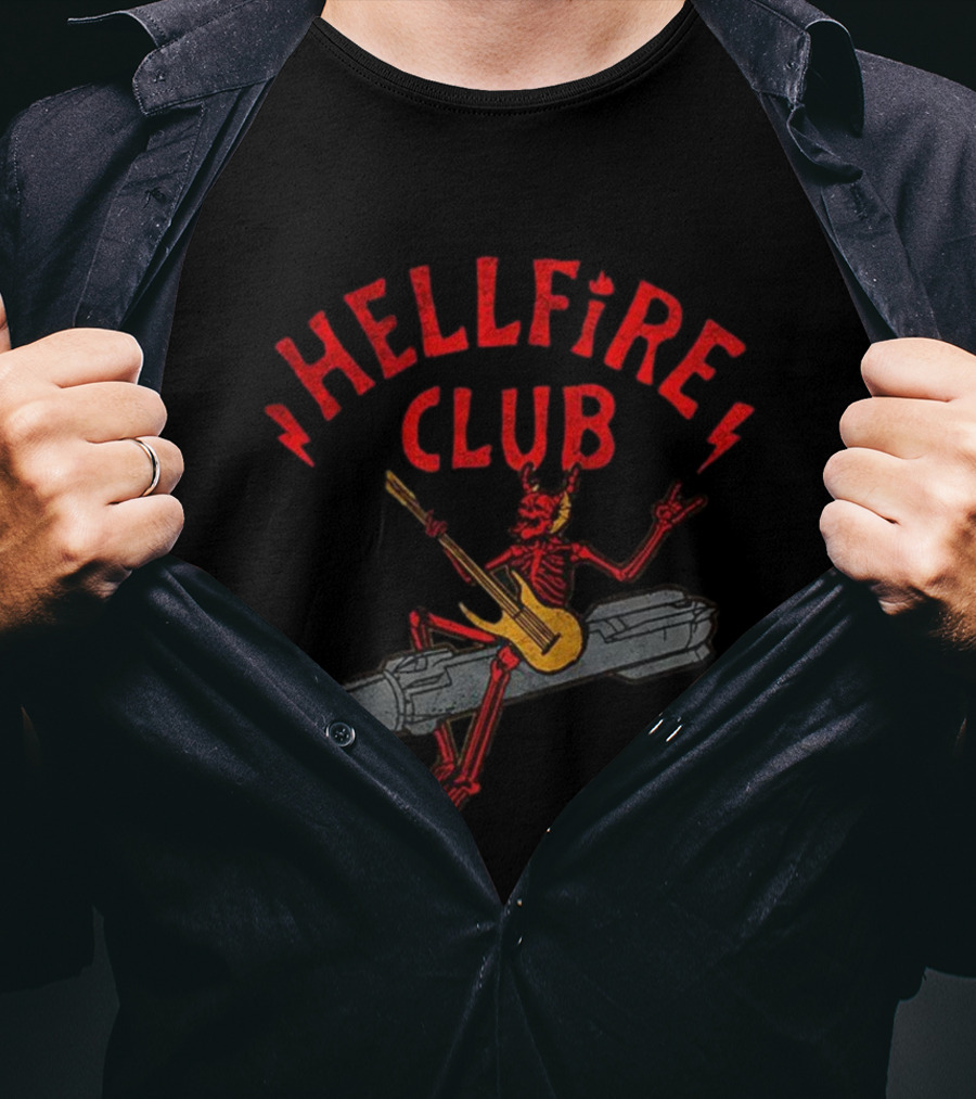 Hellfire Club Devil Riding Missile Playing Guitar T-Shirt