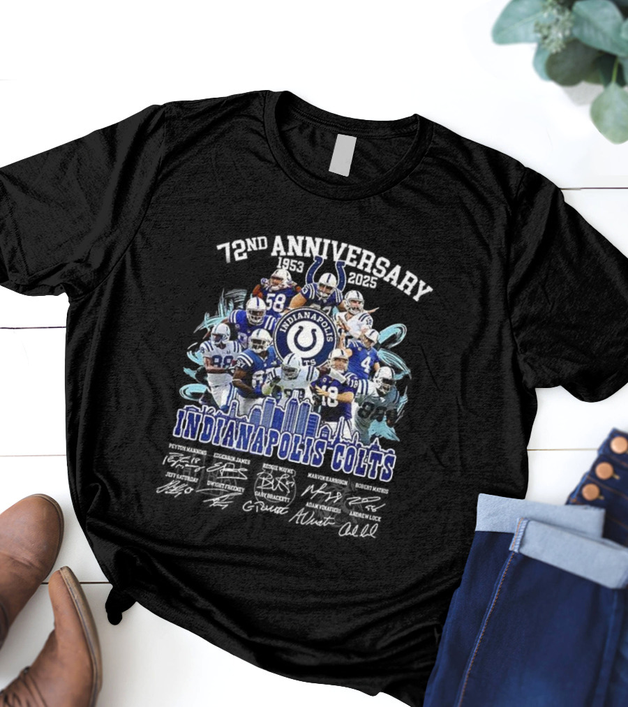 Indianapolis Colts 72nd Anniversary 1953-2025 Signature Players And Skyline T-Shirt