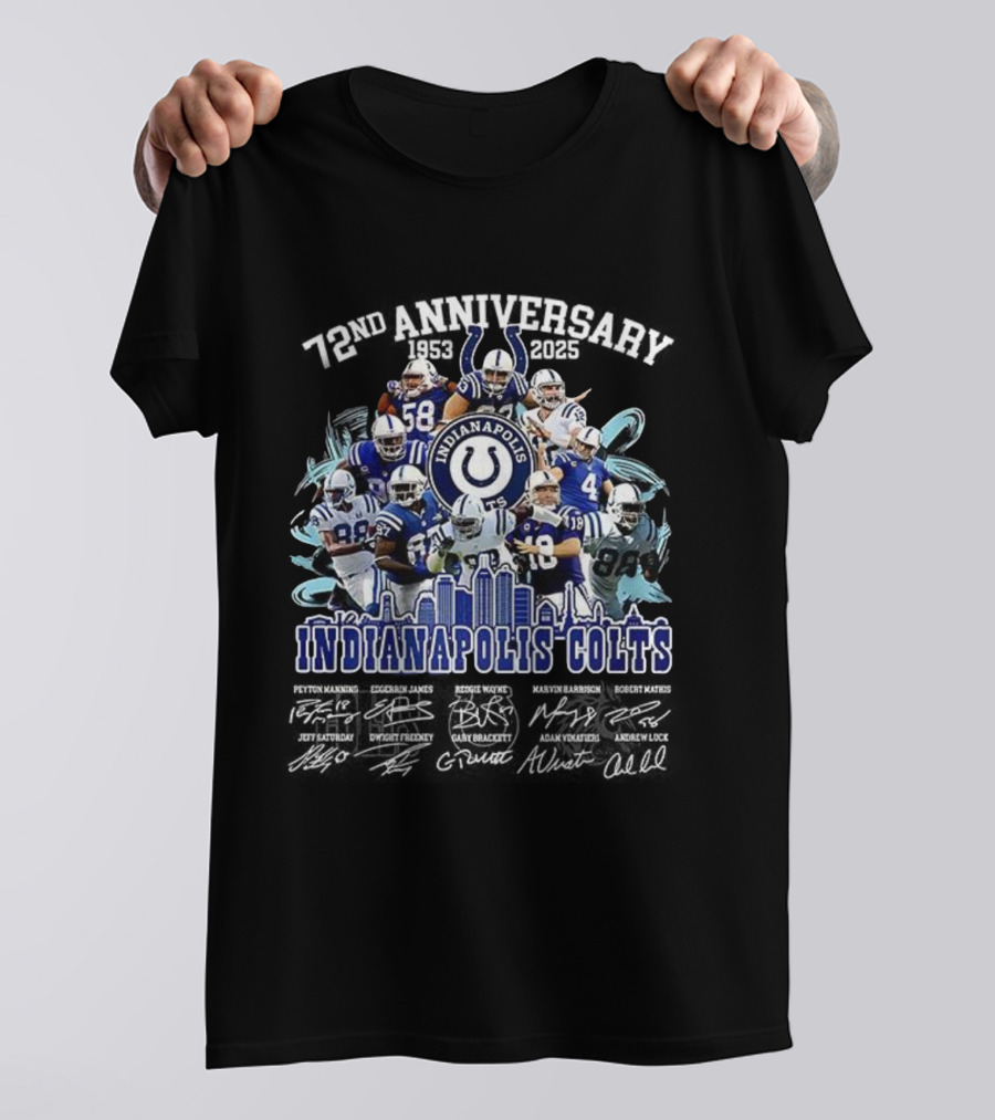 Indianapolis Colts 72nd Anniversary 1953-2025 Signature Players And Skyline T-Shirt