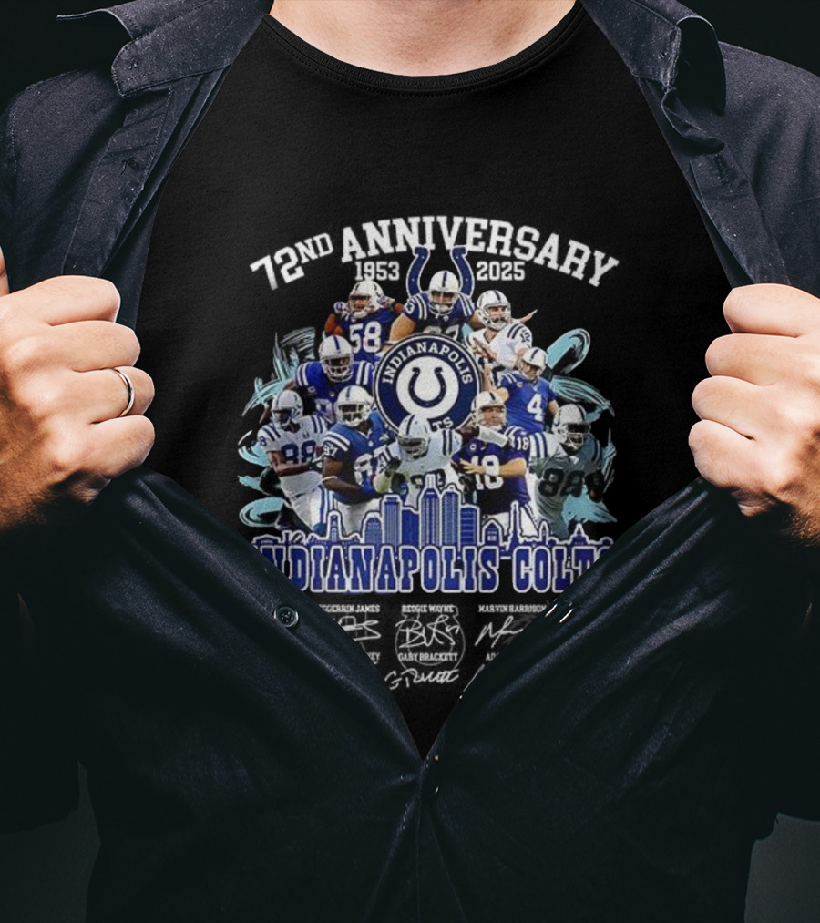 Indianapolis Colts 72nd Anniversary 1953-2025 Signature Players And Skyline T-Shirt