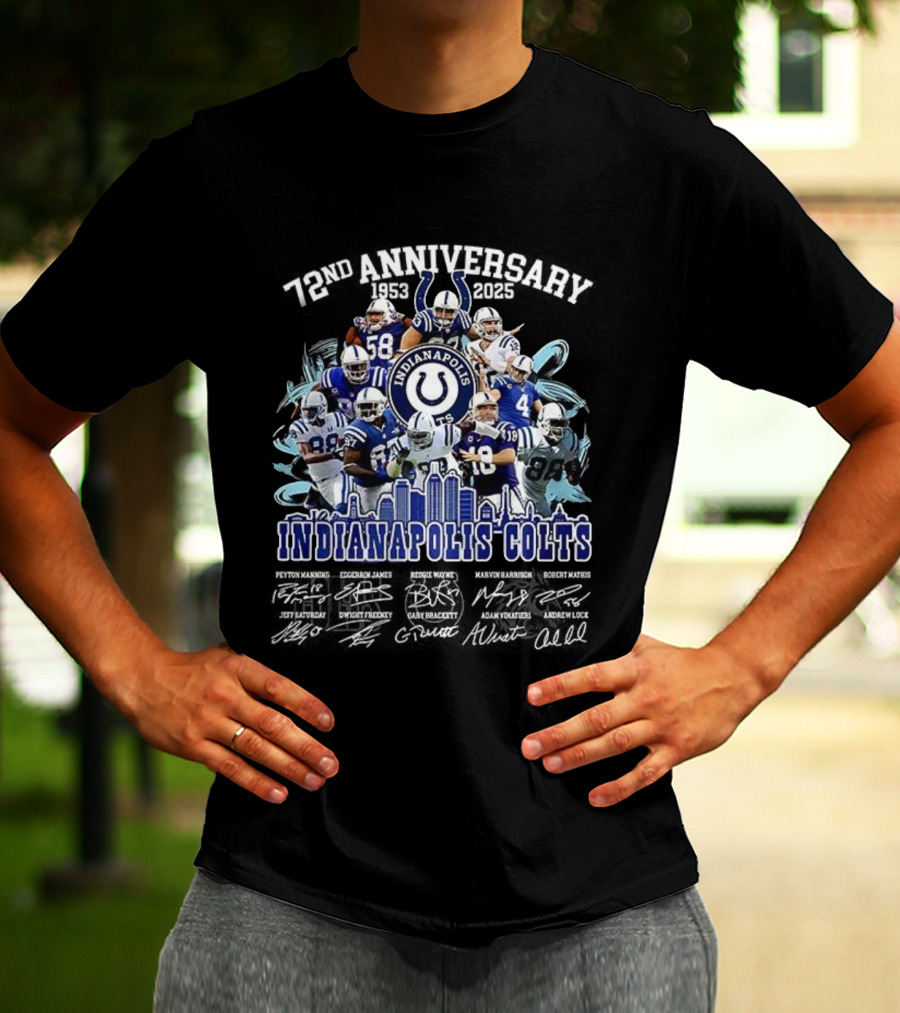 Indianapolis Colts 72nd Anniversary 1953-2025 Signature Players And Skyline T-Shirt