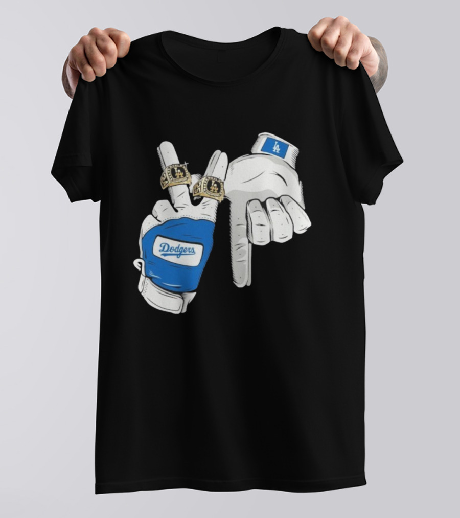 Los Angeles Dodgers Back 2 Back World Series Champions 2025 Rings LA Logo Glove Hands T-Shirt