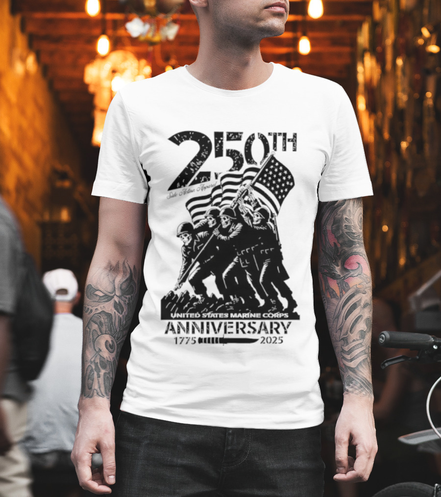 250th USMC Anniversary Flag Raising 1775-2025 United States Marine Corps WWII Emblem T-Shirt