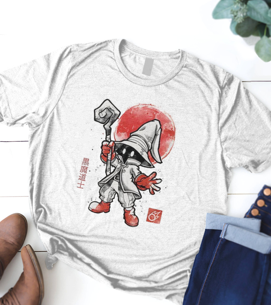 Black Mage Sumi-E Style Final Fantasy Character With Red Orb T-Shirt