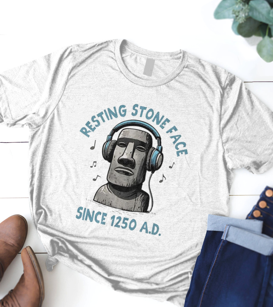 Resting Stone Face Easter Island Moai Headphones Since 1250 AD T-Shirt