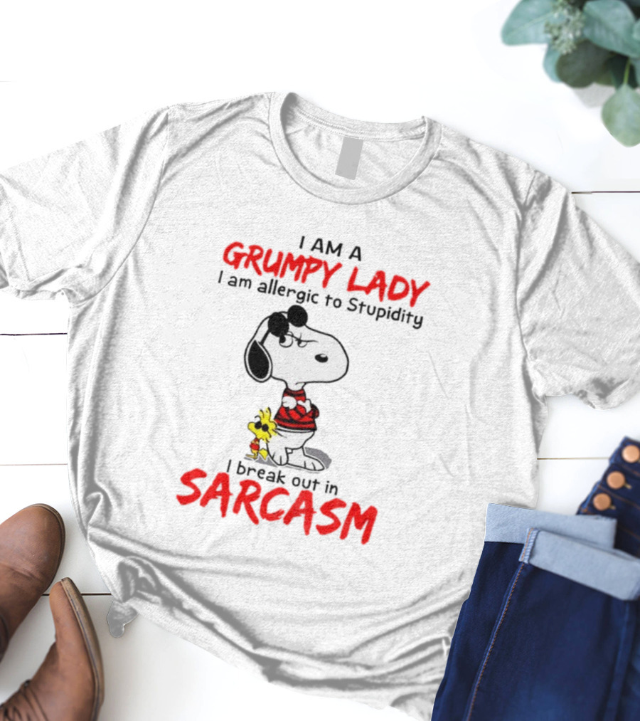 Snoopy Grumpy Lady Allergic To Stupidity Break Out In Sarcasm T-Shirt