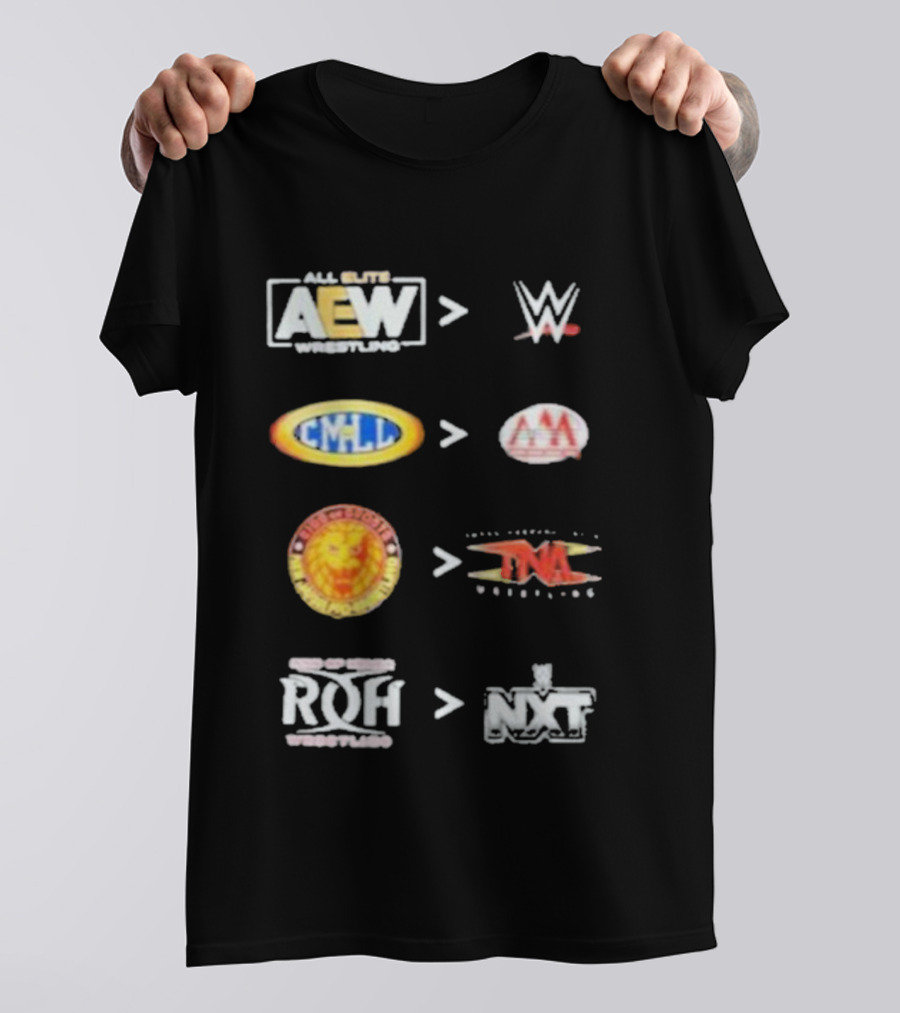 AEW Vs WWE CMLL Vs AAA NJPW Vs TNA ROH Vs NXT Wrestling Logos T-Shirt
