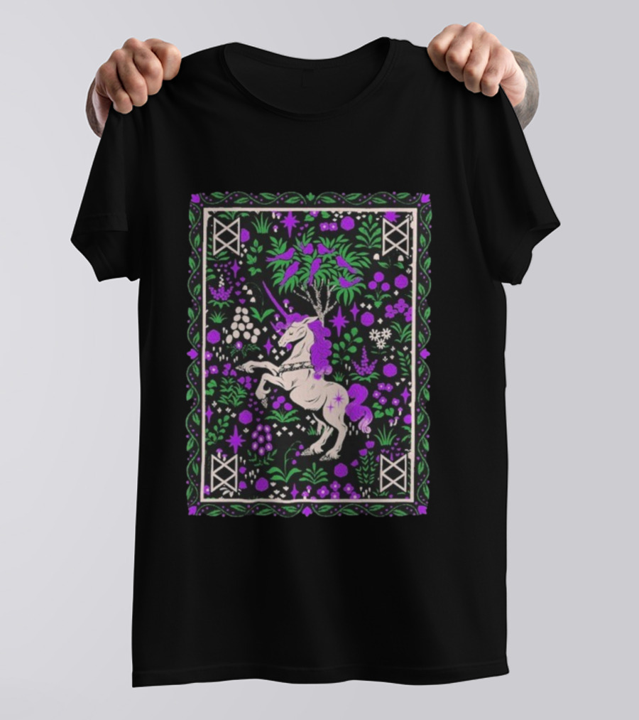 Garyl Unicorn Enchanted Forest Magic Purple Pink Green Botanical T-Shirt