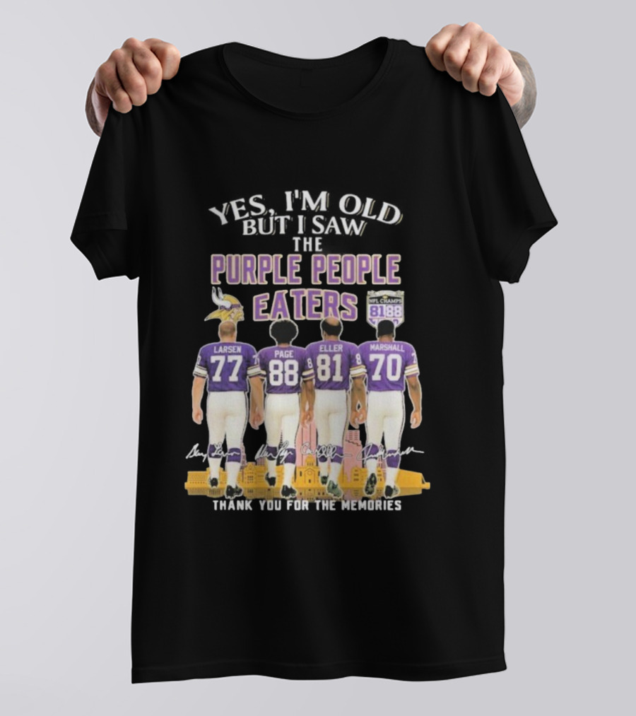 Minnesota Vikings Purple People Eaters Larsen Page Eller Marshall NFL Champs 81 88 Thank You For The Memories T-Shirt