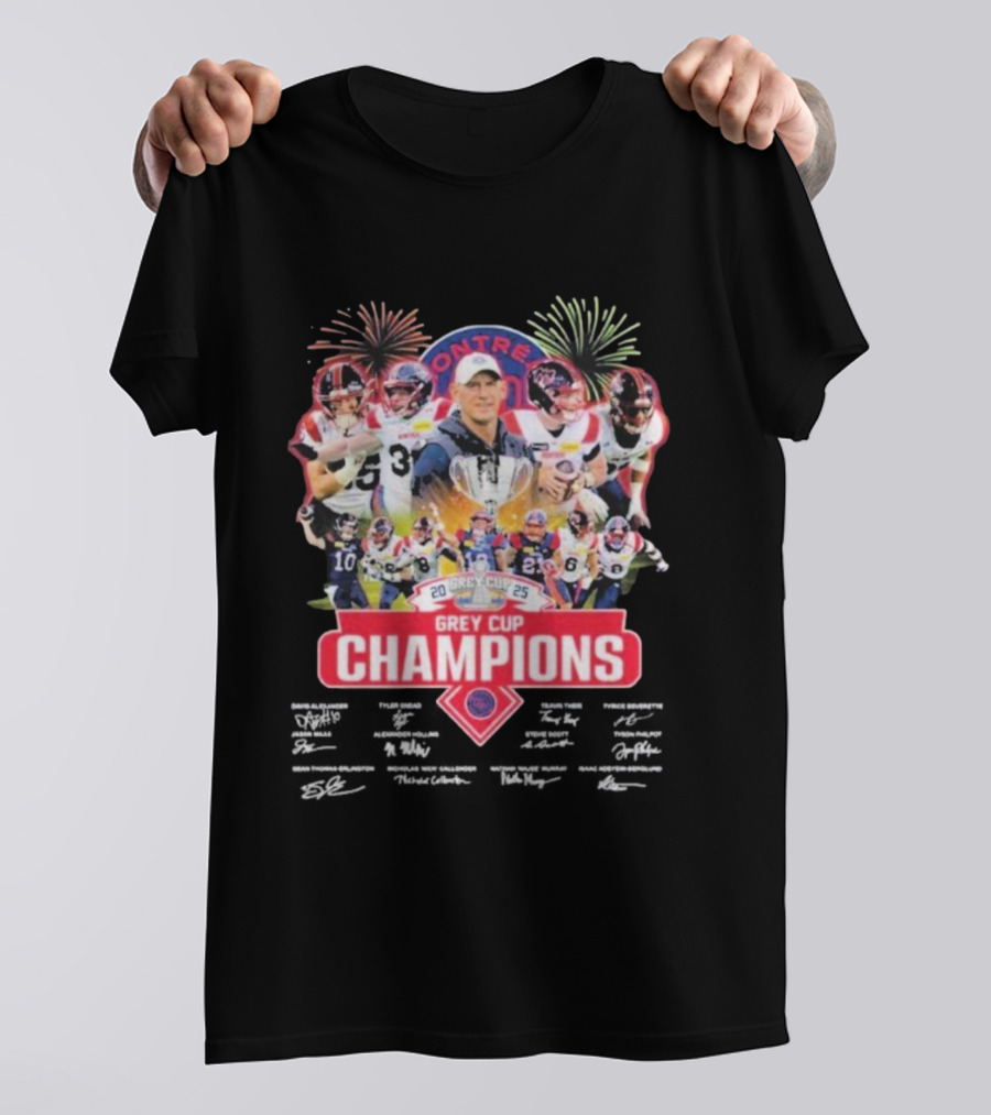 Montreal Alouettes 2025 Grey Cup Champions Winner Signatures Fireworks Celebration T-Shirt