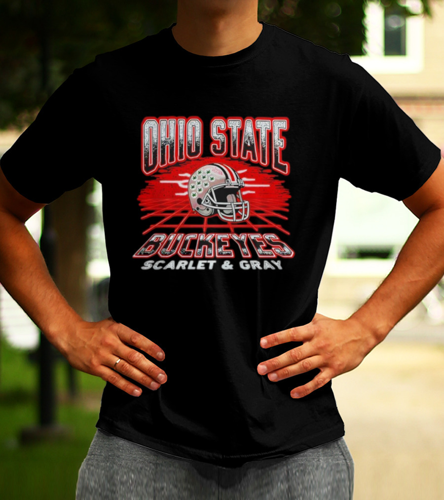 Ohio State Buckeyes Scarlet Gray Retro Neon Grid Football Helmet T-Shirt