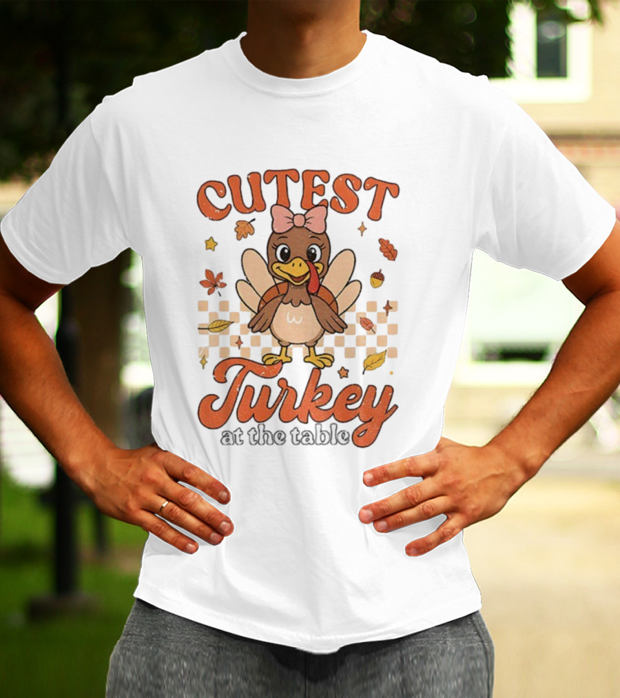 Cutest Turkey At The Table Thanksgiving Bow And Leaves T-Shirt