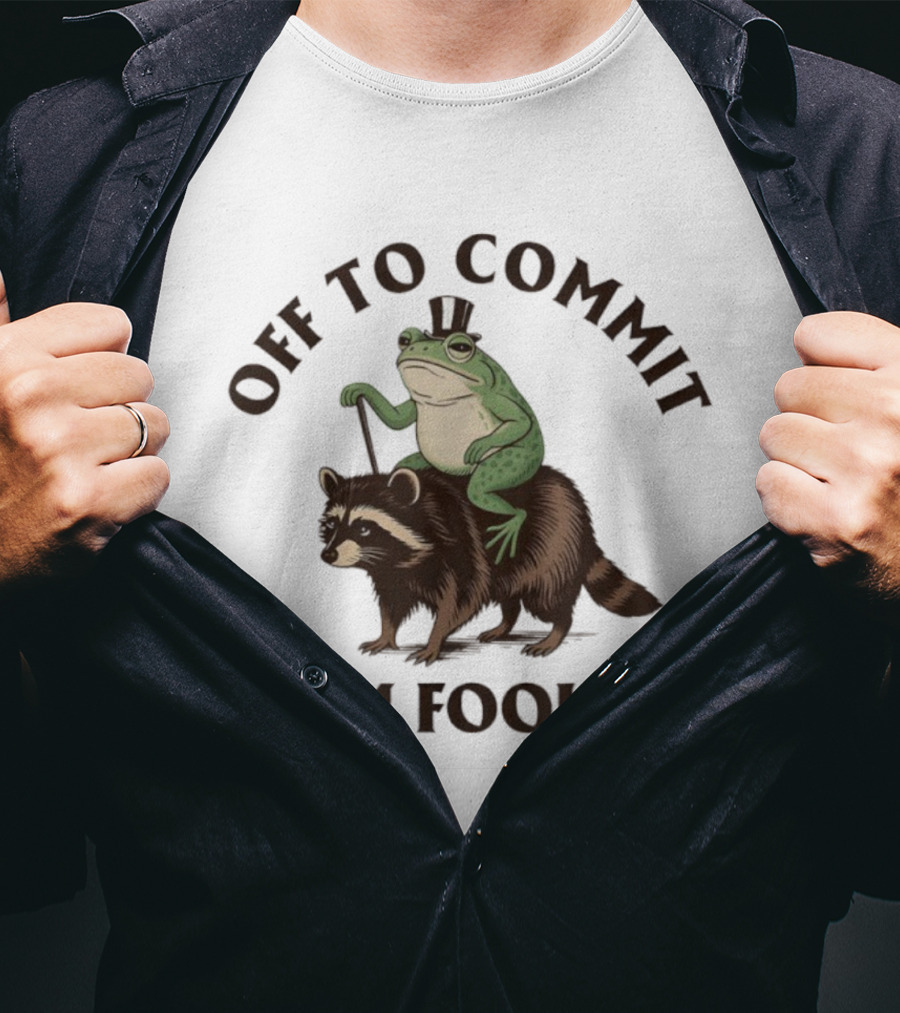 Frog With Top Hat Riding Raccoon Off To Commit Tom Foolery T-Shirt
