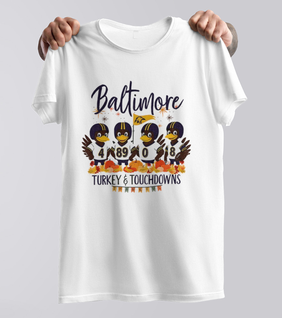 Baltimore Ravens Turkey And Touchdowns Thankful Thanksgiving Football T-Shirt
