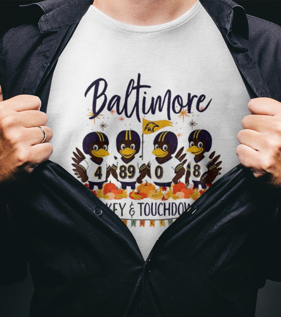 Baltimore Ravens Turkey And Touchdowns Thankful Thanksgiving Football T-Shirt