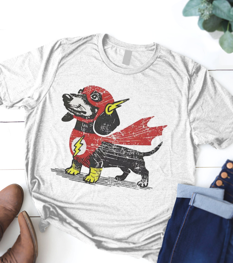 Dachshund Flash Superhero Costume Dog Cape Lightning Symbol T-Shirt