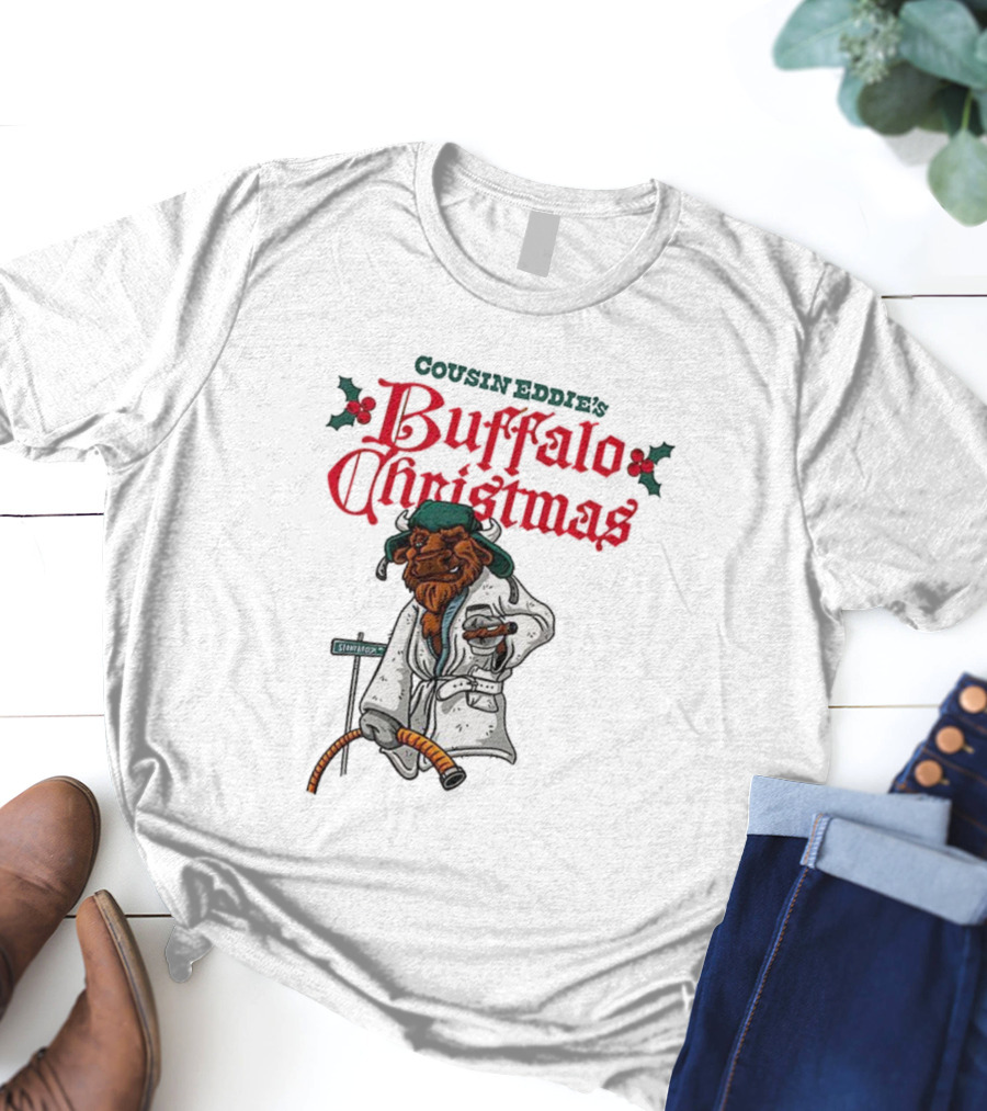 Cousin Eddie Buffalo Christmas Holiday Street Sign Robe Cigar Illustration T-Shirt