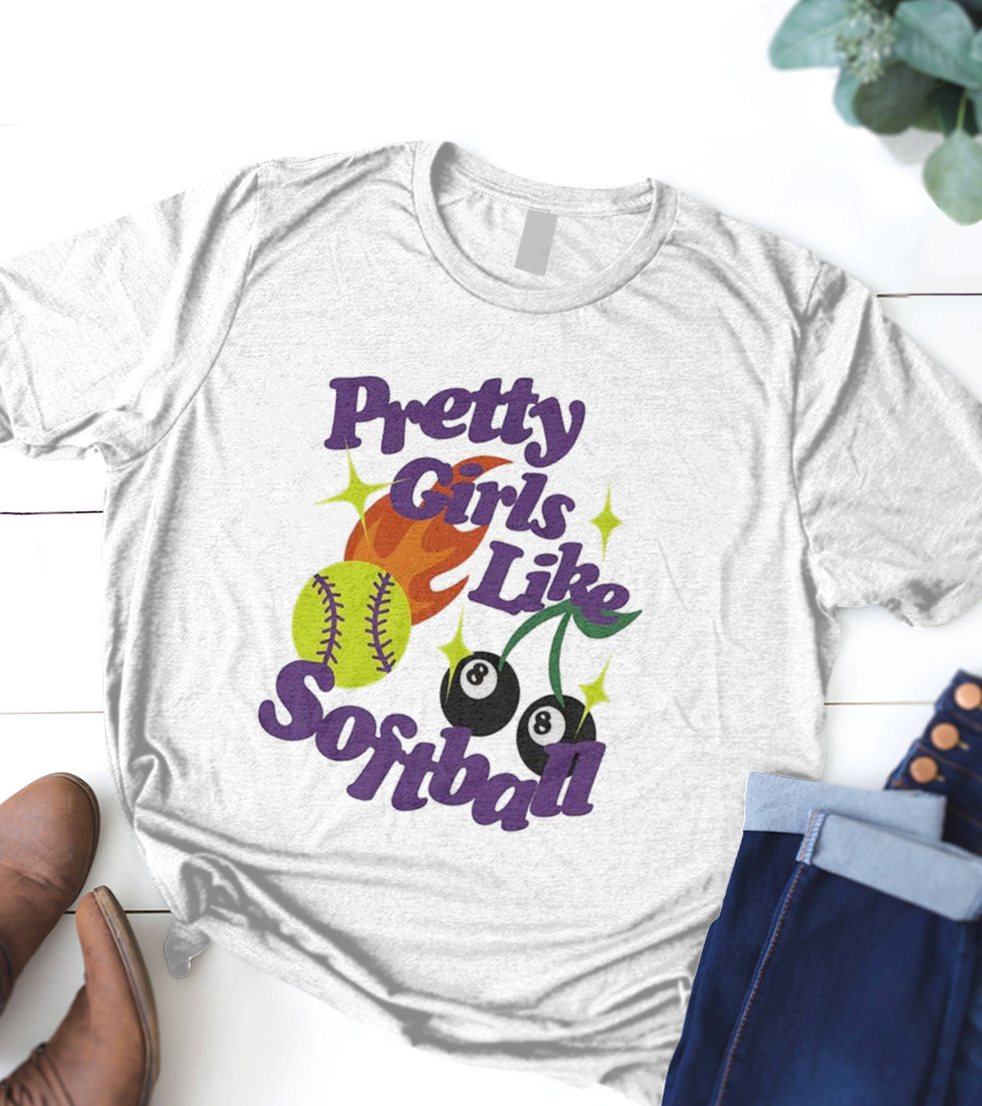 Pretty Girls Like Softball Flaming Ball And Billiard Cherry T-Shirt