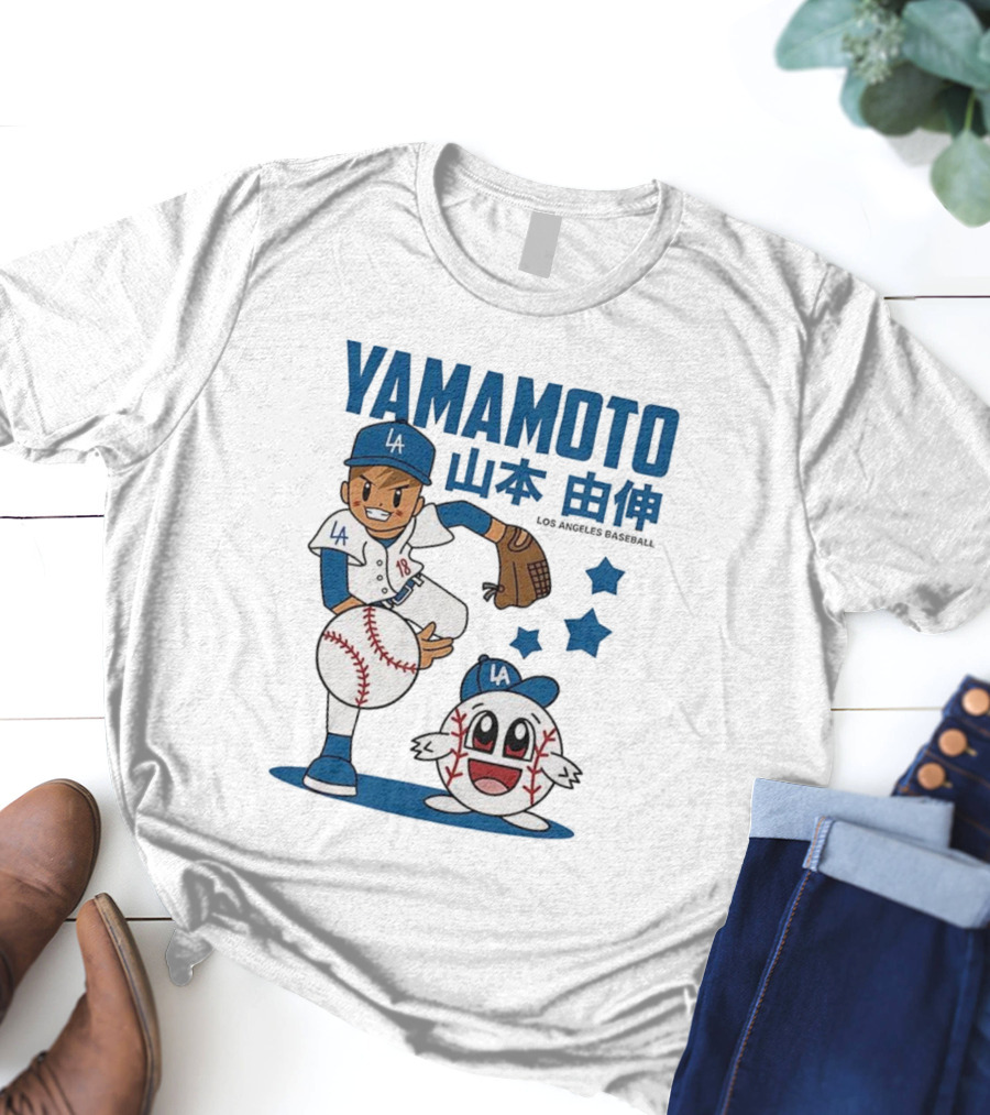 Yamamoto Los Angeles Dodgers Cartoon With Baseball Character And Stars T-Shirt
