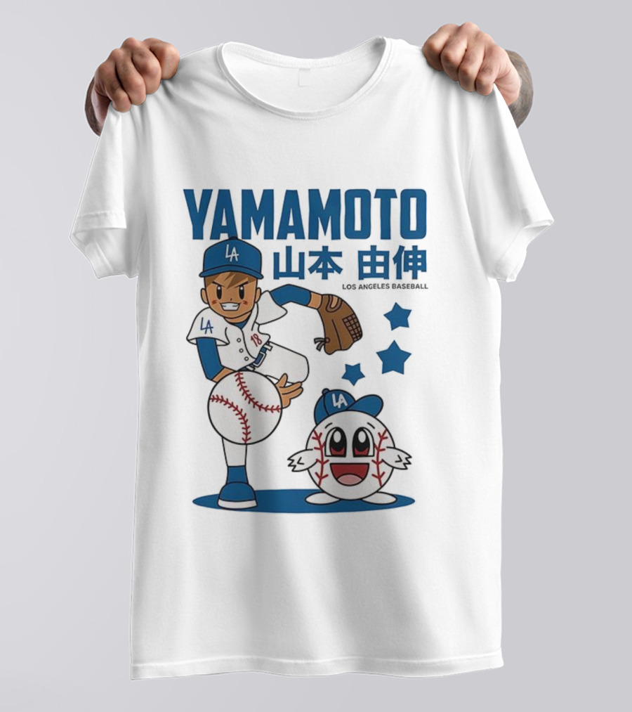Yamamoto Los Angeles Dodgers Cartoon With Baseball Character And Stars T-Shirt