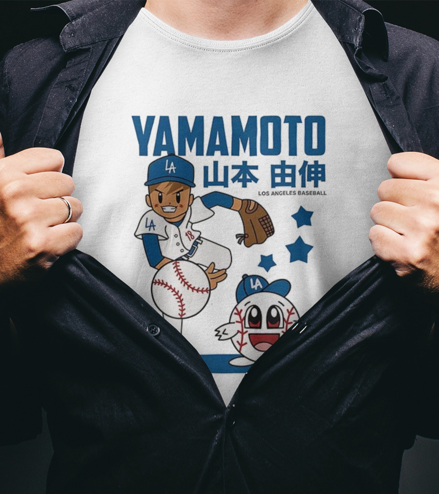 Yamamoto Los Angeles Dodgers Cartoon With Baseball Character And Stars T-Shirt