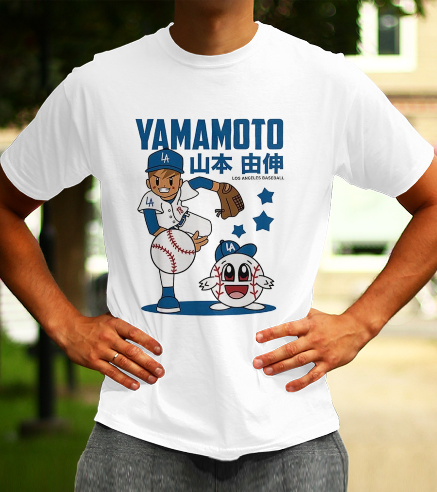 Yamamoto Los Angeles Dodgers Cartoon With Baseball Character And Stars T-Shirt