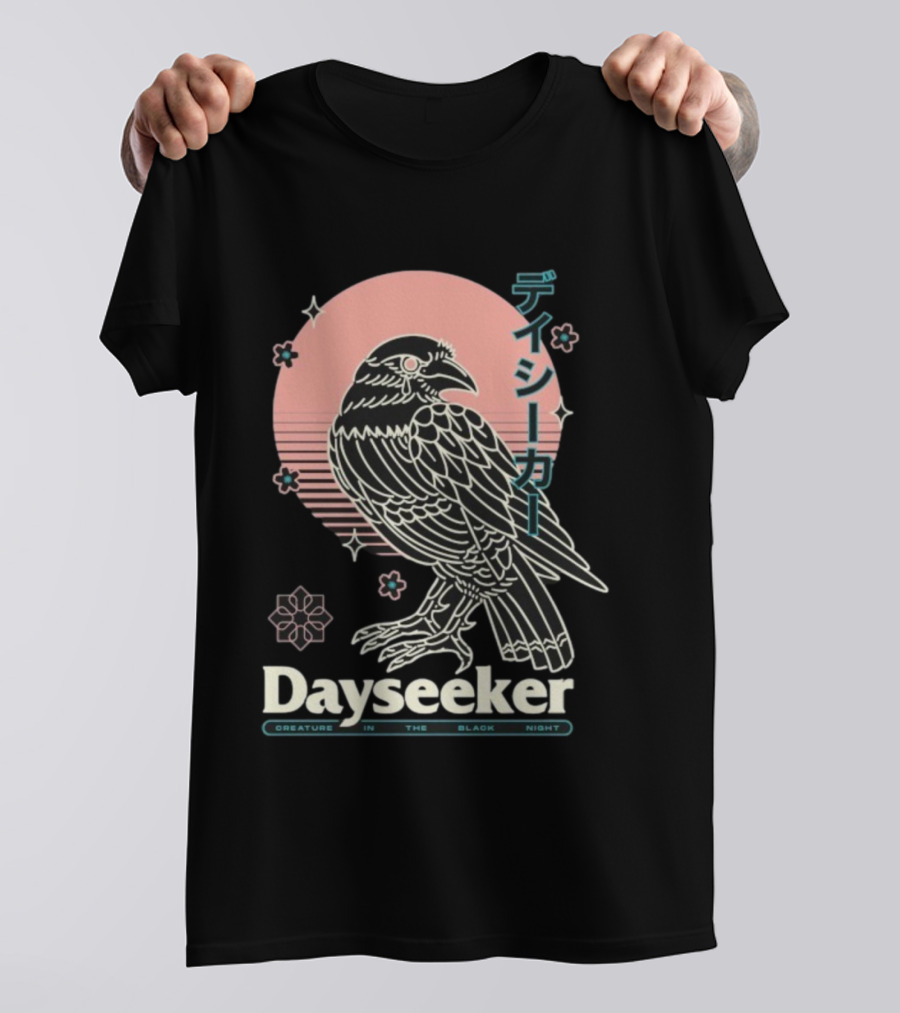 Dayseeker Creature In The Black Night Raven With Japanese Text And Sakura Motif T-Shirt