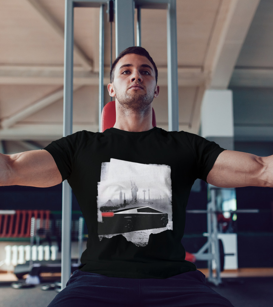 Tesla Cybertruck With Global Landmark Skyline T-Shirt