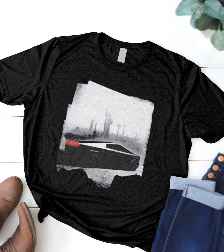 Tesla Cybertruck With Global Landmark Skyline T-Shirt