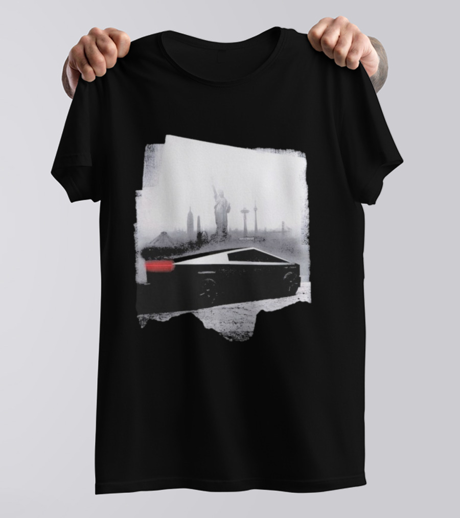 Tesla Cybertruck With Global Landmark Skyline T-Shirt