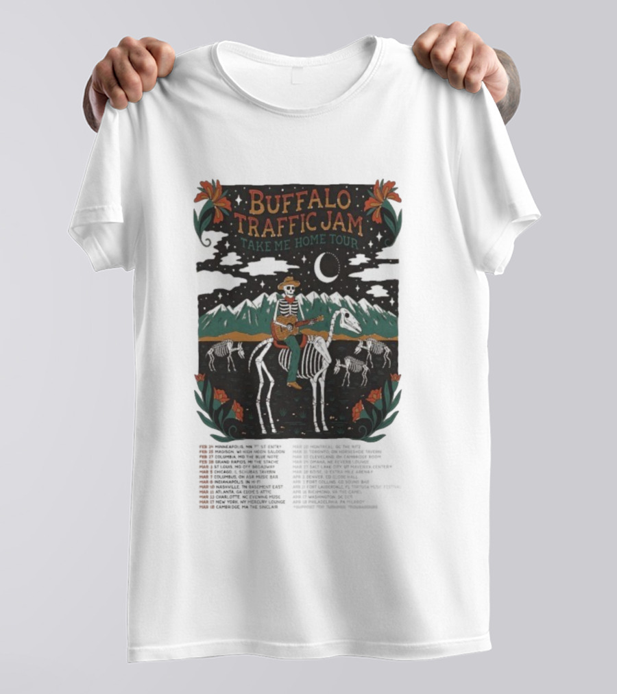 Buffalo Traffic Jam Take Me Home Tour 2026 Dates Skeleton Cowboy Riding Horse Moonlit Desert Scene T-Shirt
