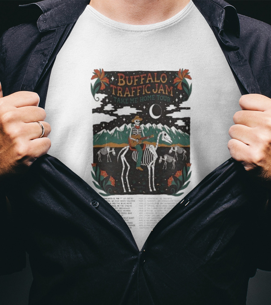 Buffalo Traffic Jam Take Me Home Tour 2026 Dates Skeleton Cowboy Riding Horse Moonlit Desert Scene T-Shirt