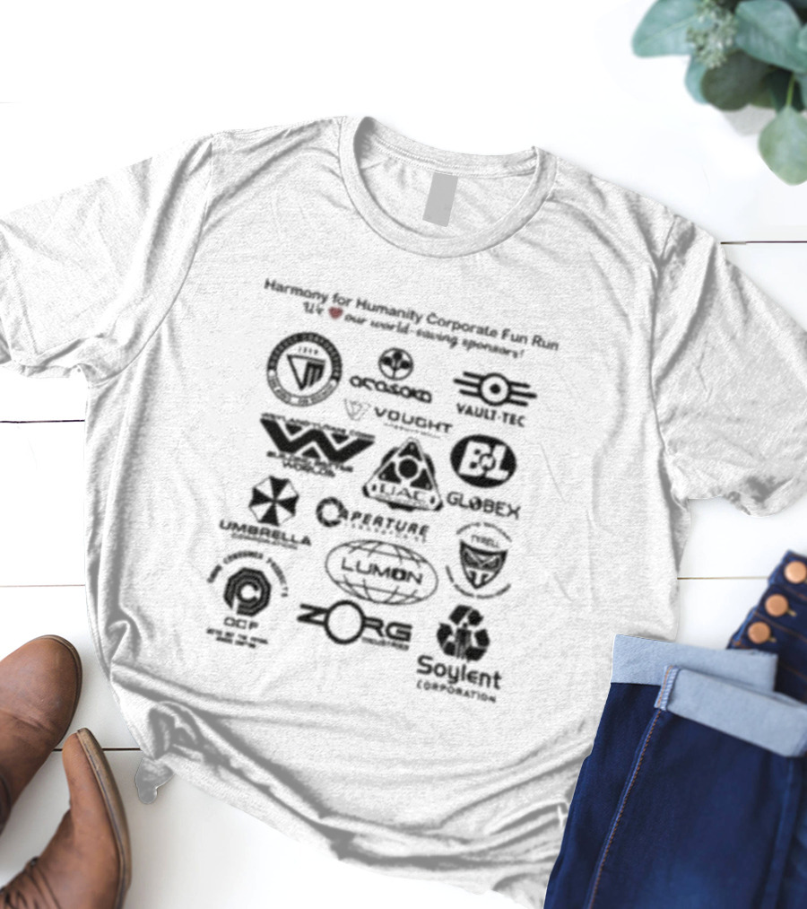 Harmony For Humanity Corporate Fun Run Sci Fi Parody Tyrell Weyland Cyberdyne Brawndo Soylent Umbrella Lumen Aperture InGen Voight-Kampff Sponsors T-Shirt