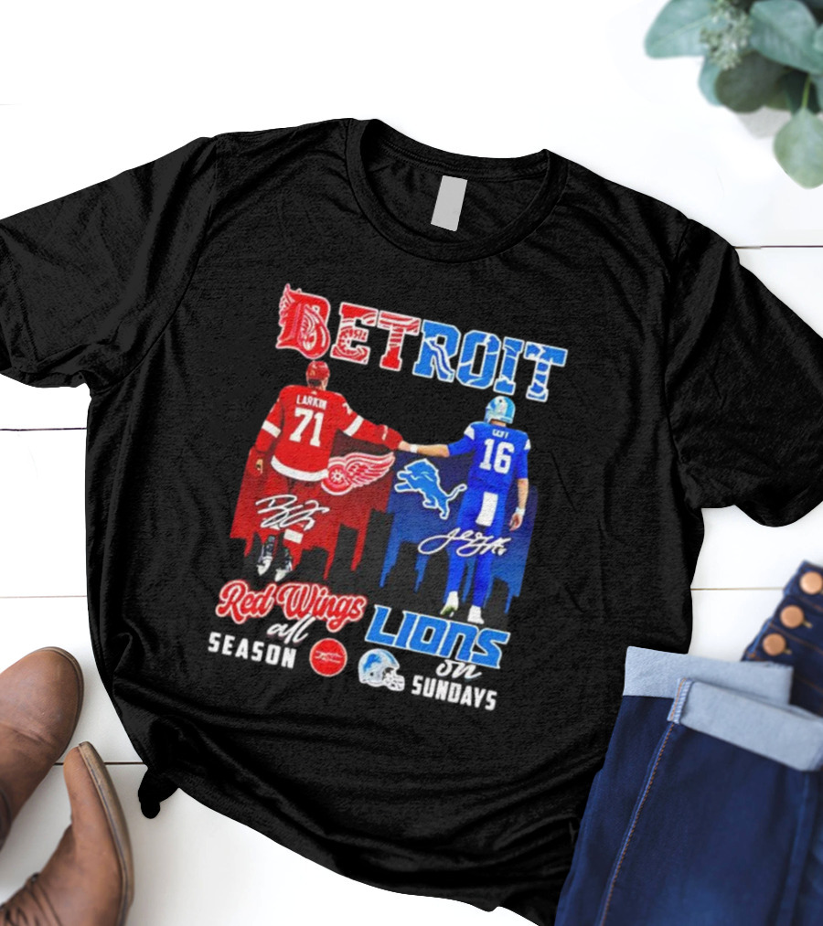 Detroit Sports Red Wings Lions Larkin Goff Signatures T-Shirt