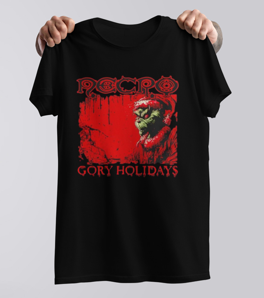 Necro Gory Holidays Grinch Santa Red Dripping Art T-Shirt