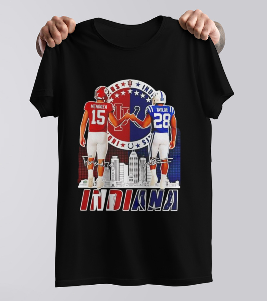 Indiana Hoosiers Mendoza 15 Indianapolis Colts Taylor 28 Signatures And City Skyline T-Shirt